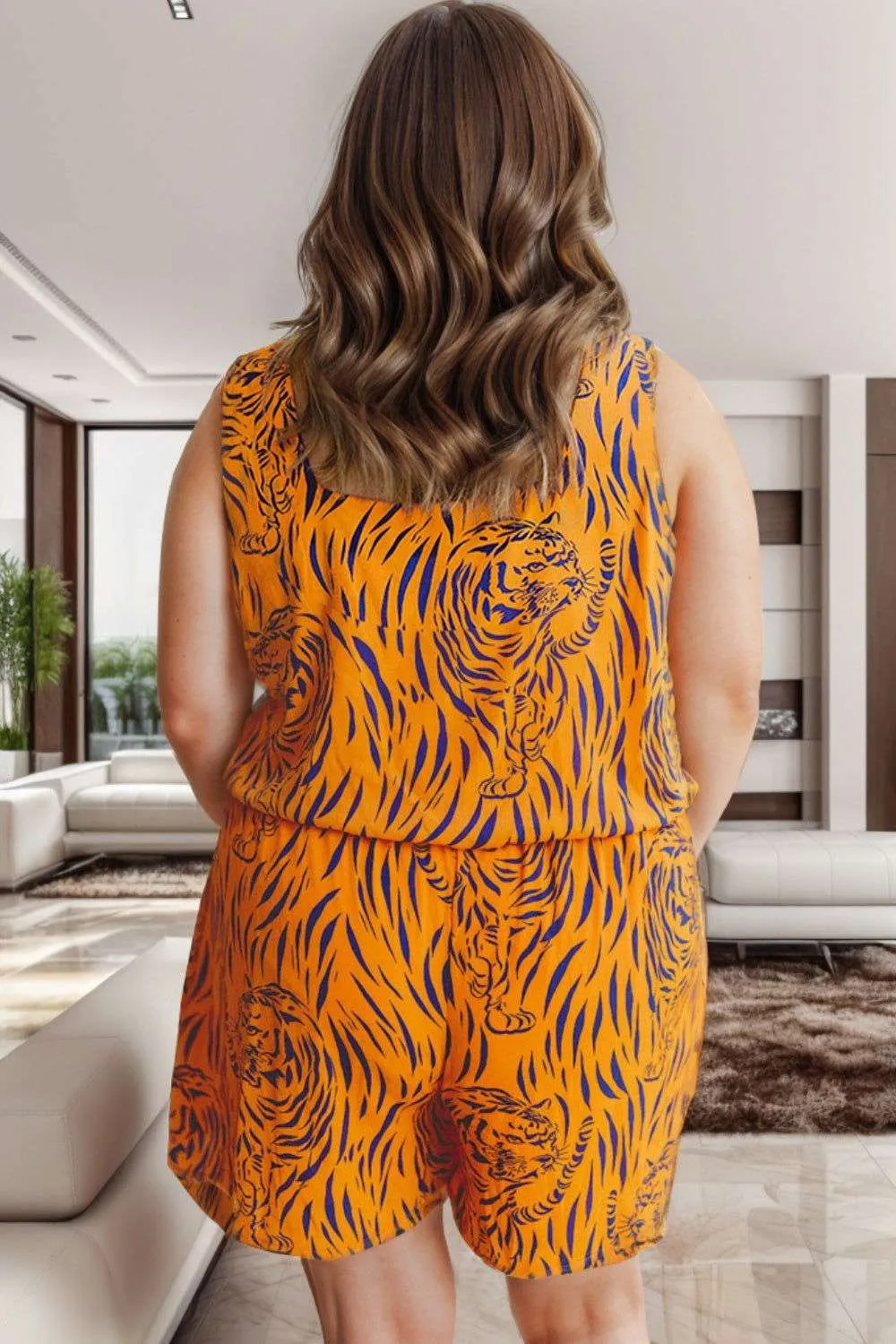 Plus Size Tiger Printed V-Neck Sleeveless Romper - Stylish Fit