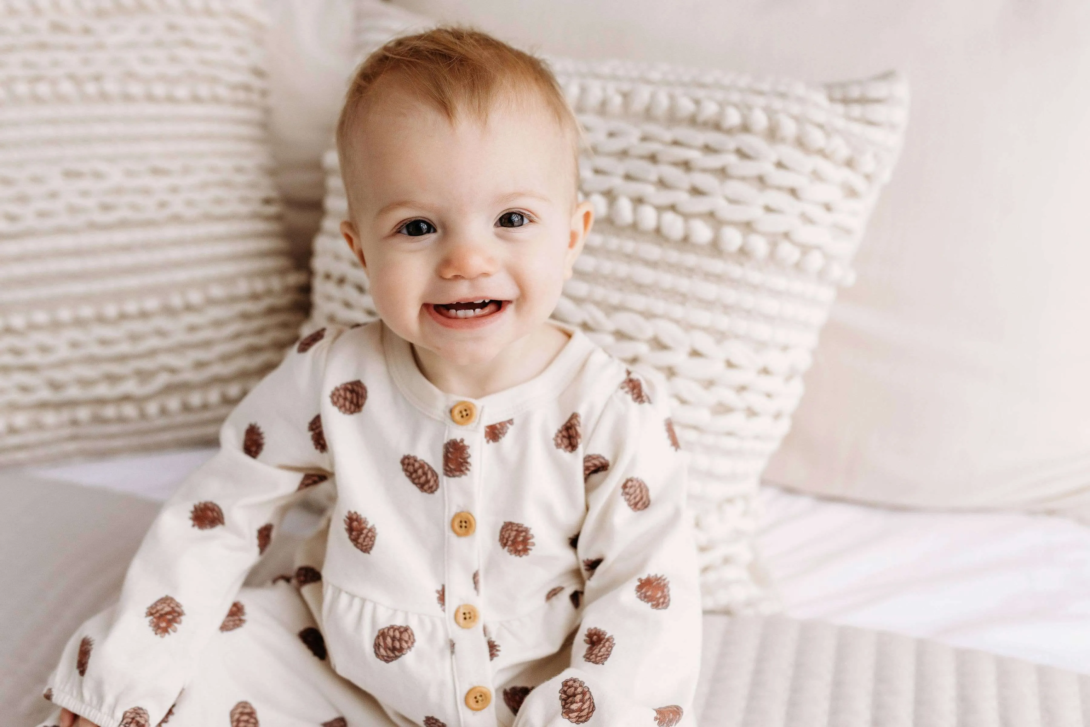 PNW Baby Gathered Button Romper- Pinecones