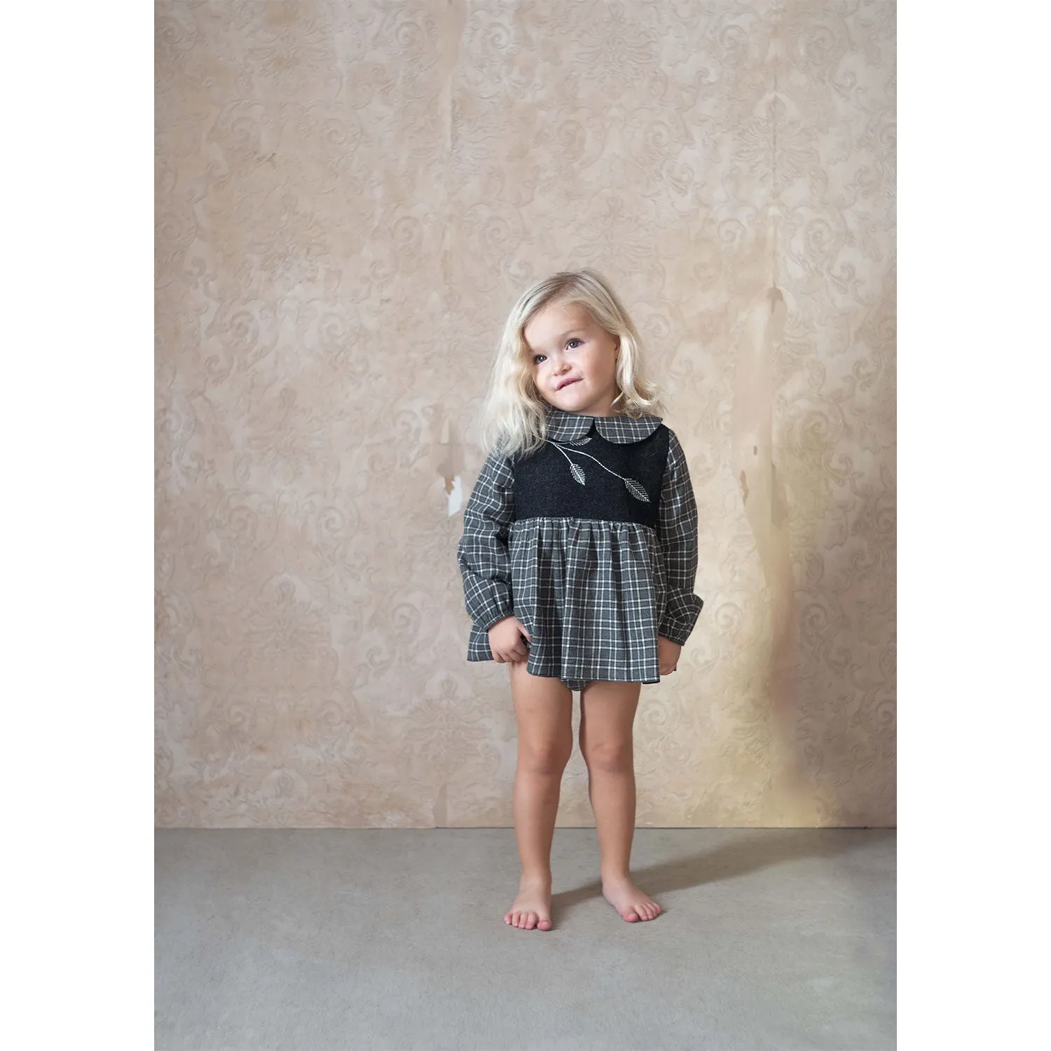 Popelin Dark Grey Plaid Romper Suit With Skirt And Baby Collar Embroidered (MOD 1.4)