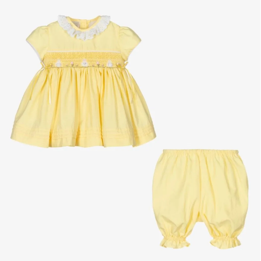 PRETTY ORIGINALS - Smocked Dress & Bloomer Set - Lemon