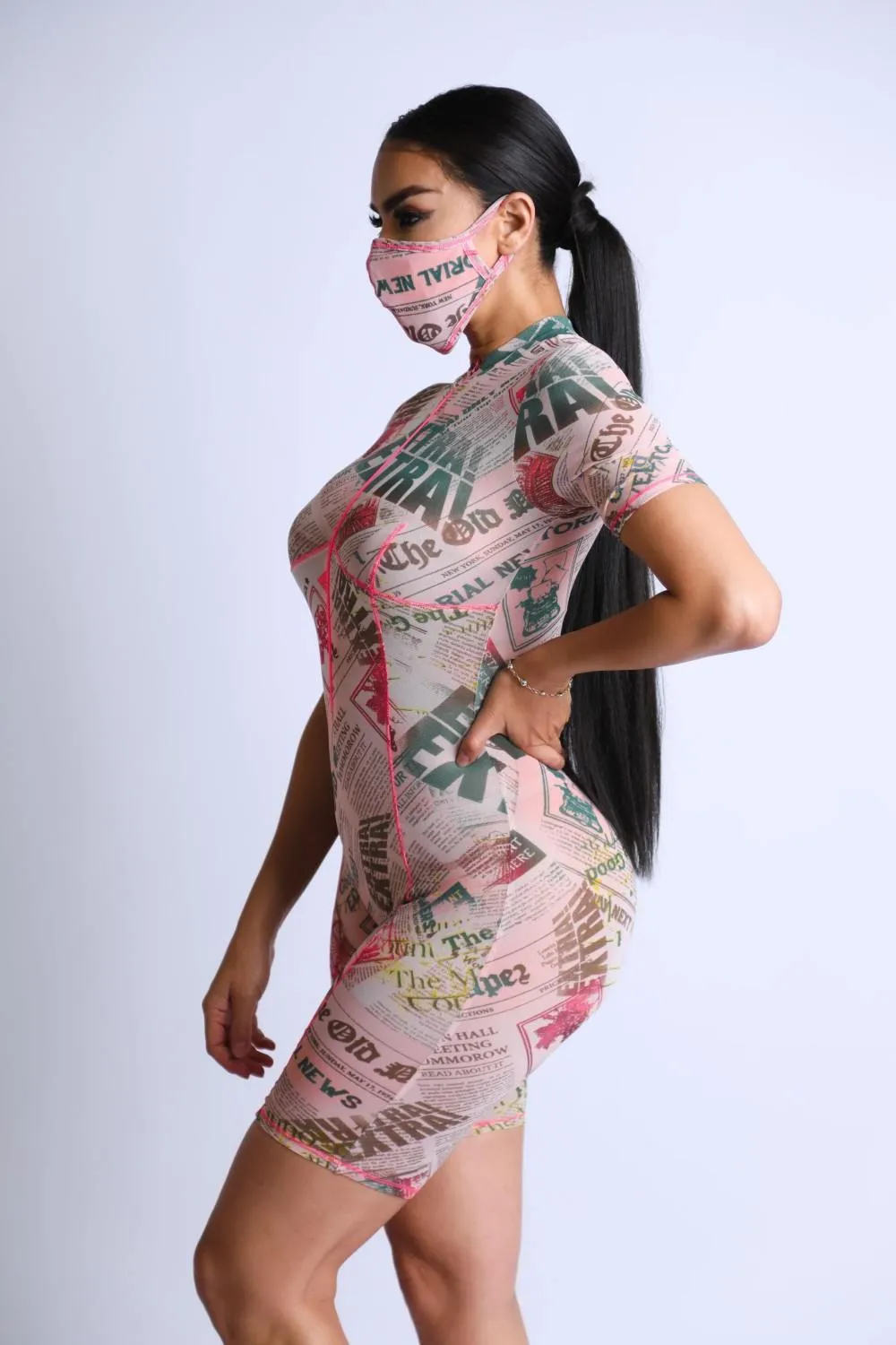 Printed Mesh Romper With Stitching Detail With Mask