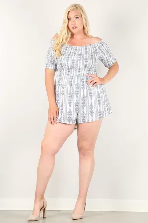 Printed, Off-shoulder Romper With Smocked Bodice