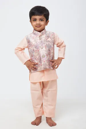 Pristine Petals: Boys' Kurta with Iridescent Floral Overcoat Jacket and Pant Set