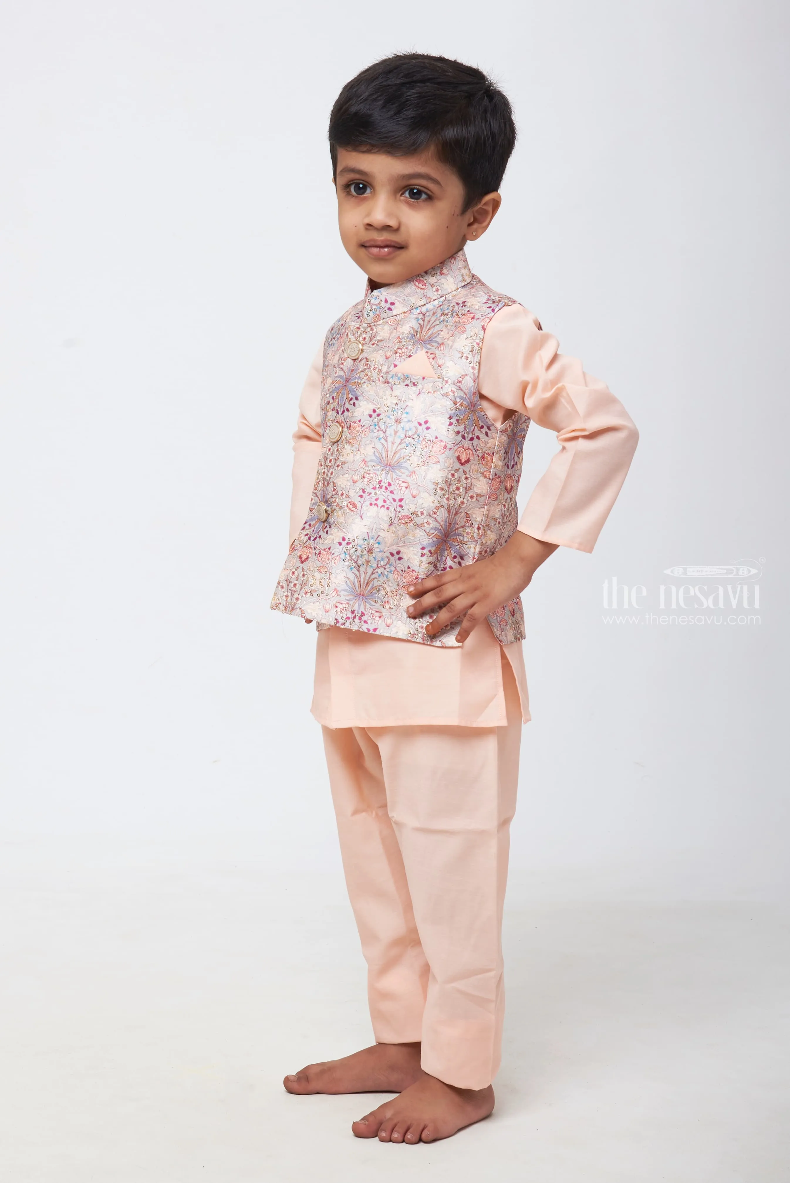 Pristine Petals: Boys' Kurta with Iridescent Floral Overcoat Jacket and Pant Set