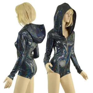 Ready to Ship Black Kaleidoscope Hooded Romper with Silver Front Zipper, Long Sleeves & Boy Cut Leg XS