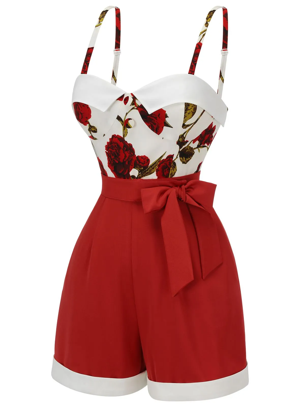 Red 1950s Floral Strap Patchwork Romper