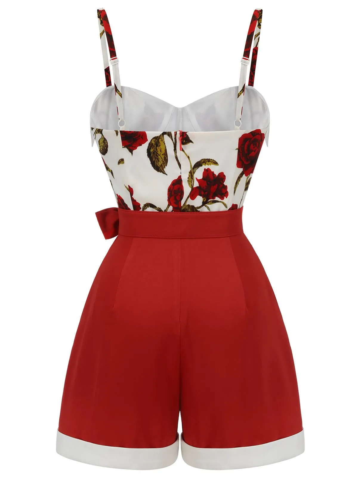 Red 1950s Floral Strap Patchwork Romper