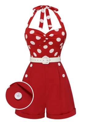 Red 1950s Polka Dots Patchwork Halter Romper