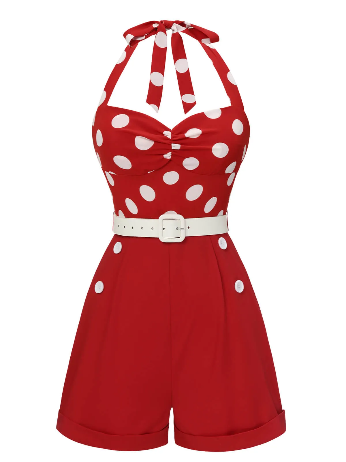 Red 1950s Polka Dots Patchwork Halter Romper