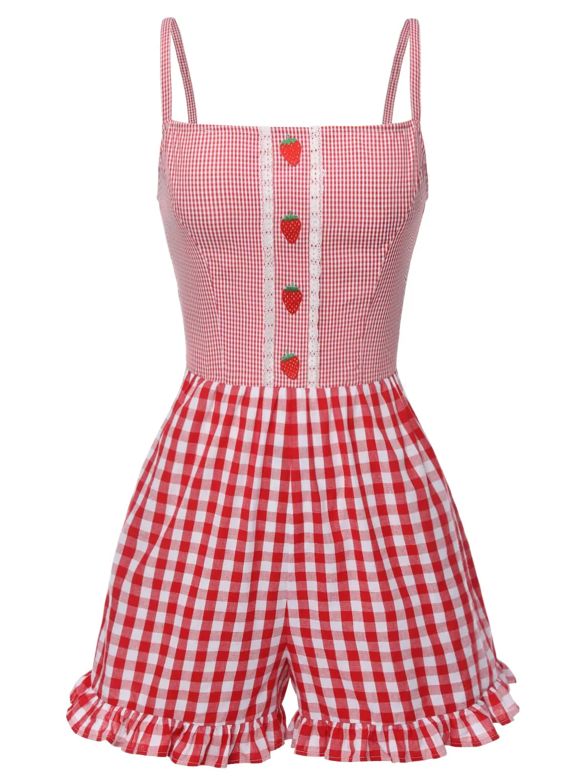 Red 1950s Strawberry Plaid Suspender Romper