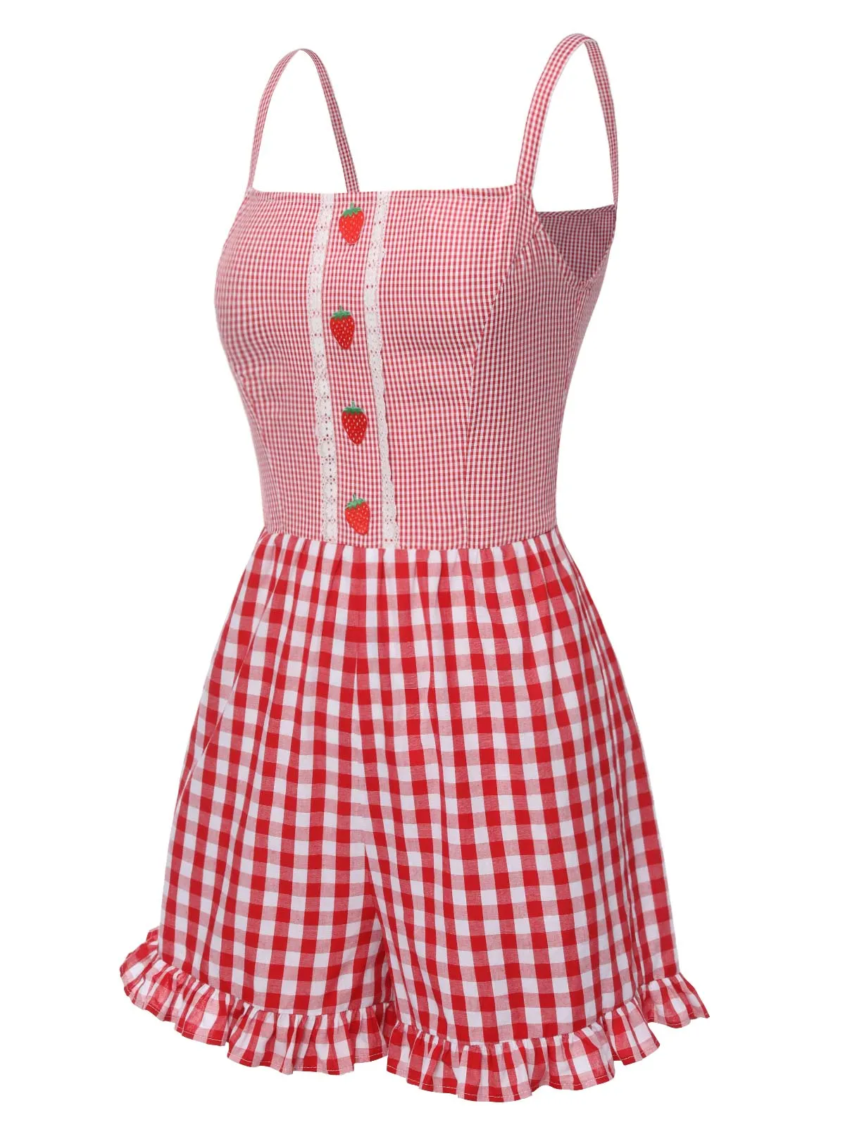 Red 1950s Strawberry Plaid Suspender Romper