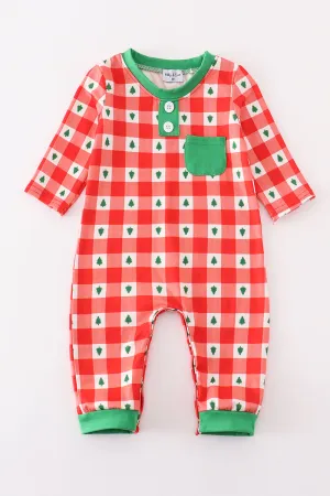 Red christmas tree gingham boy romper