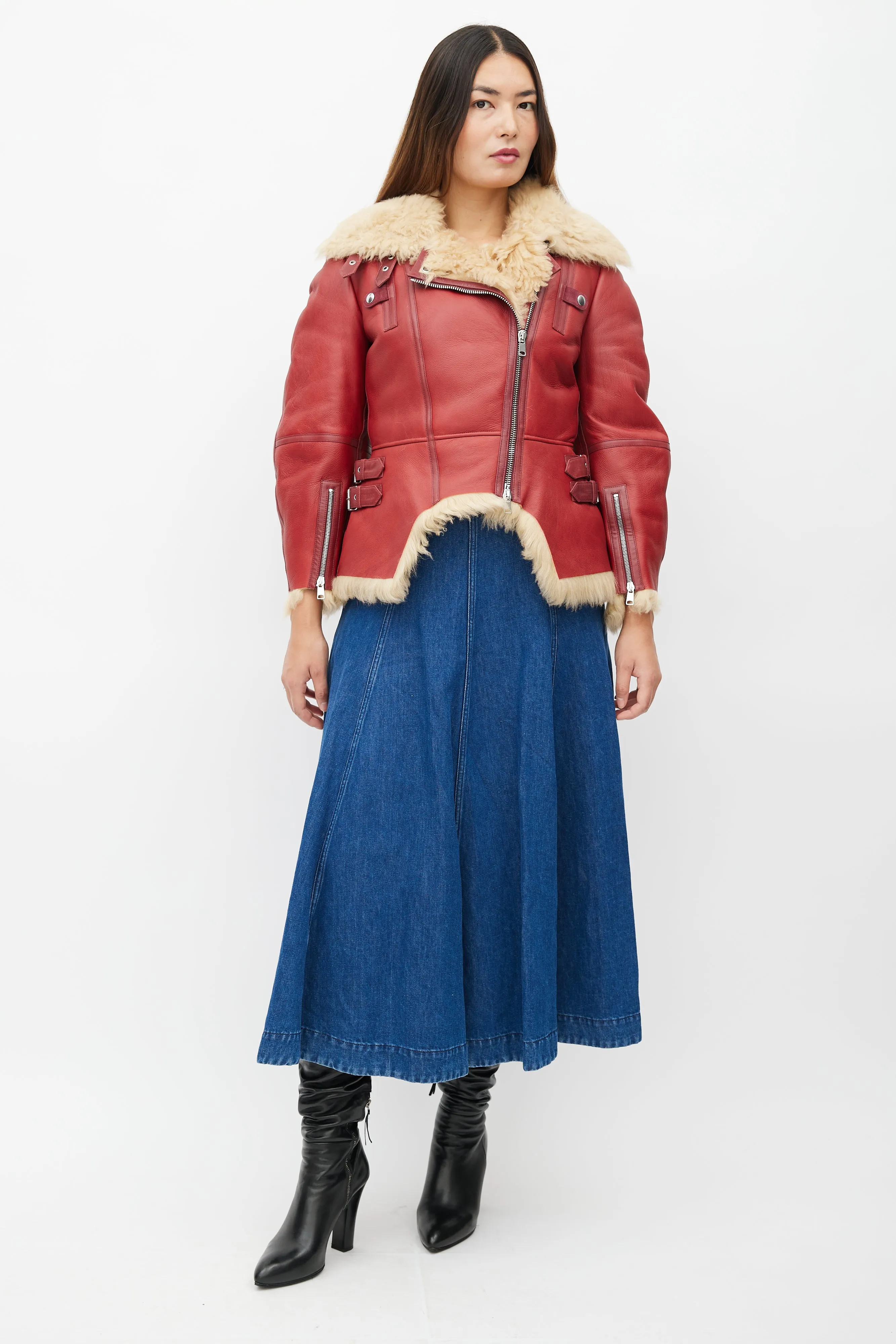 Red Leather & Shearling Biker Jacket