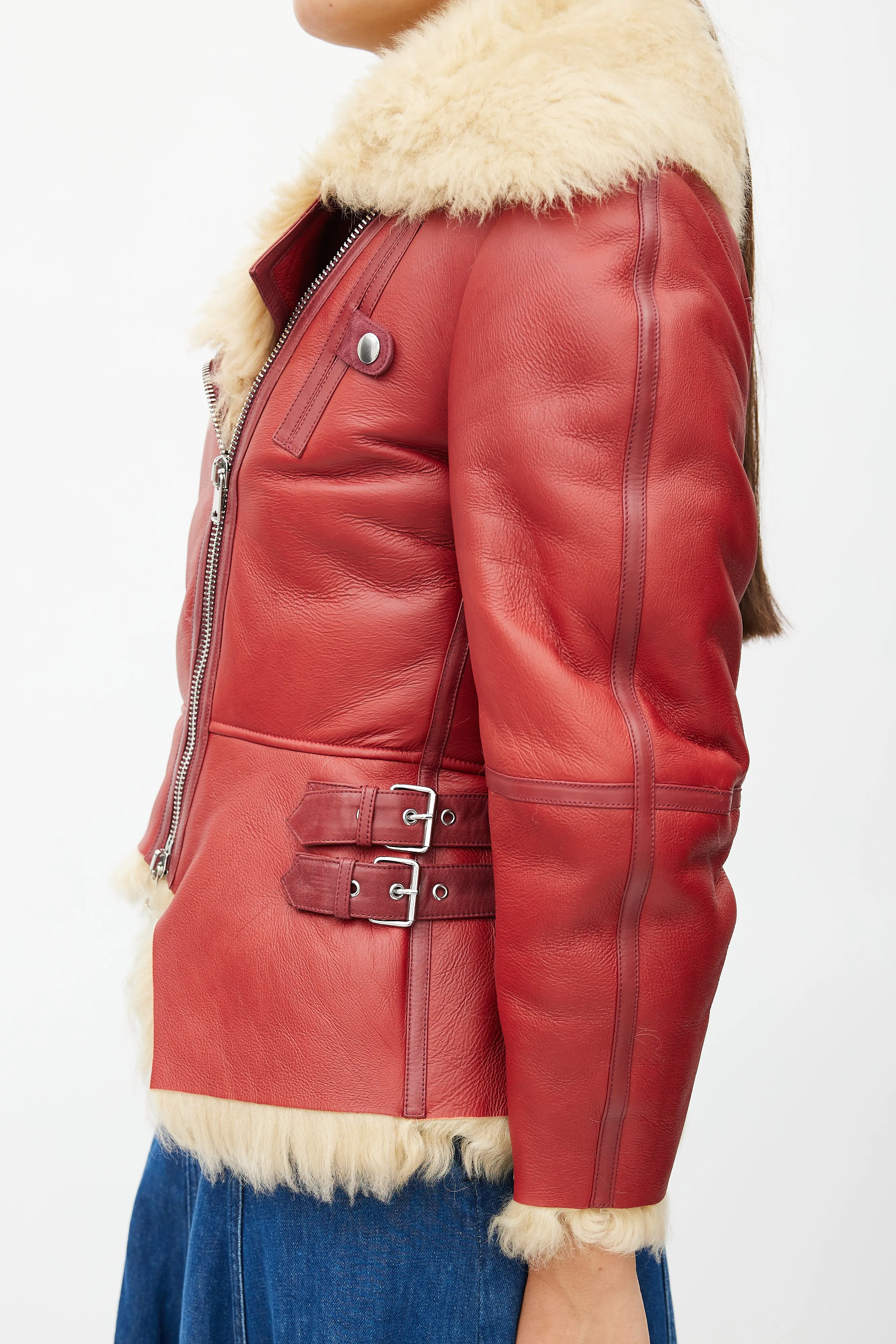 Red Leather & Shearling Biker Jacket