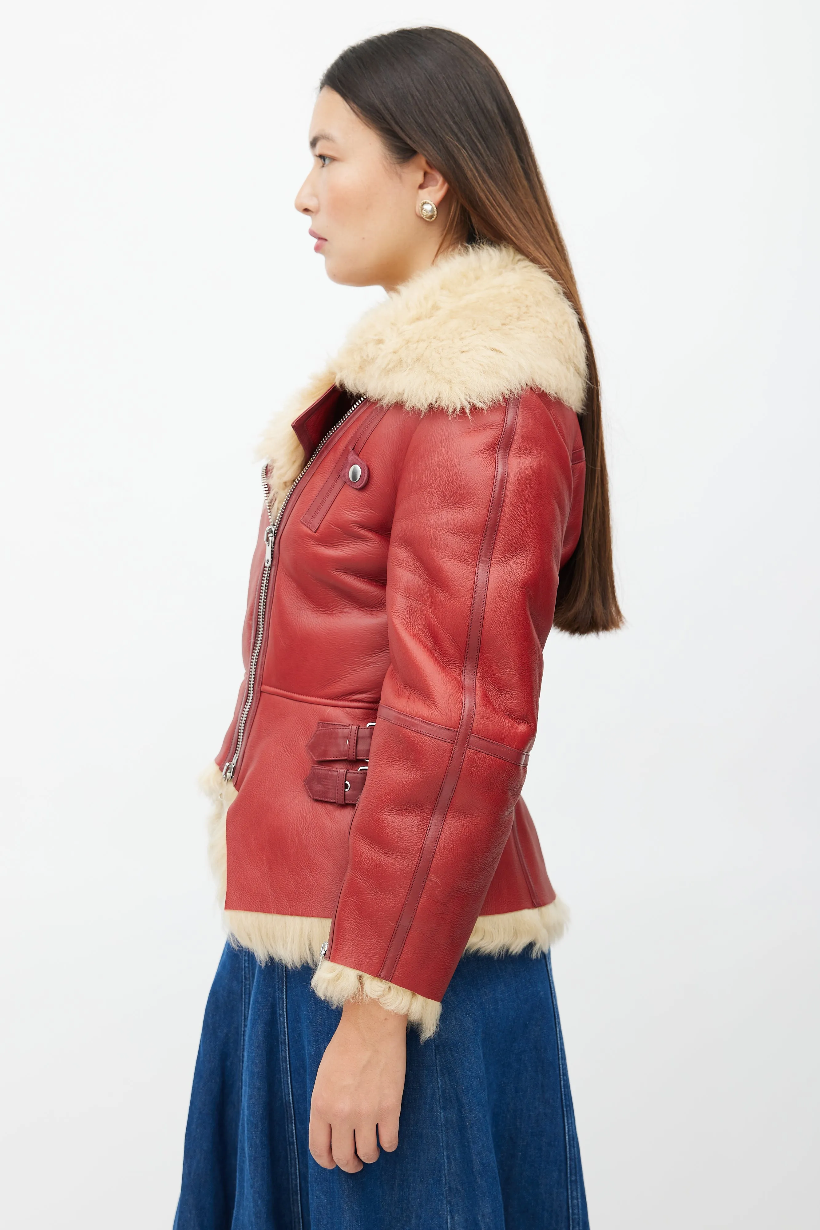 Red Leather & Shearling Biker Jacket