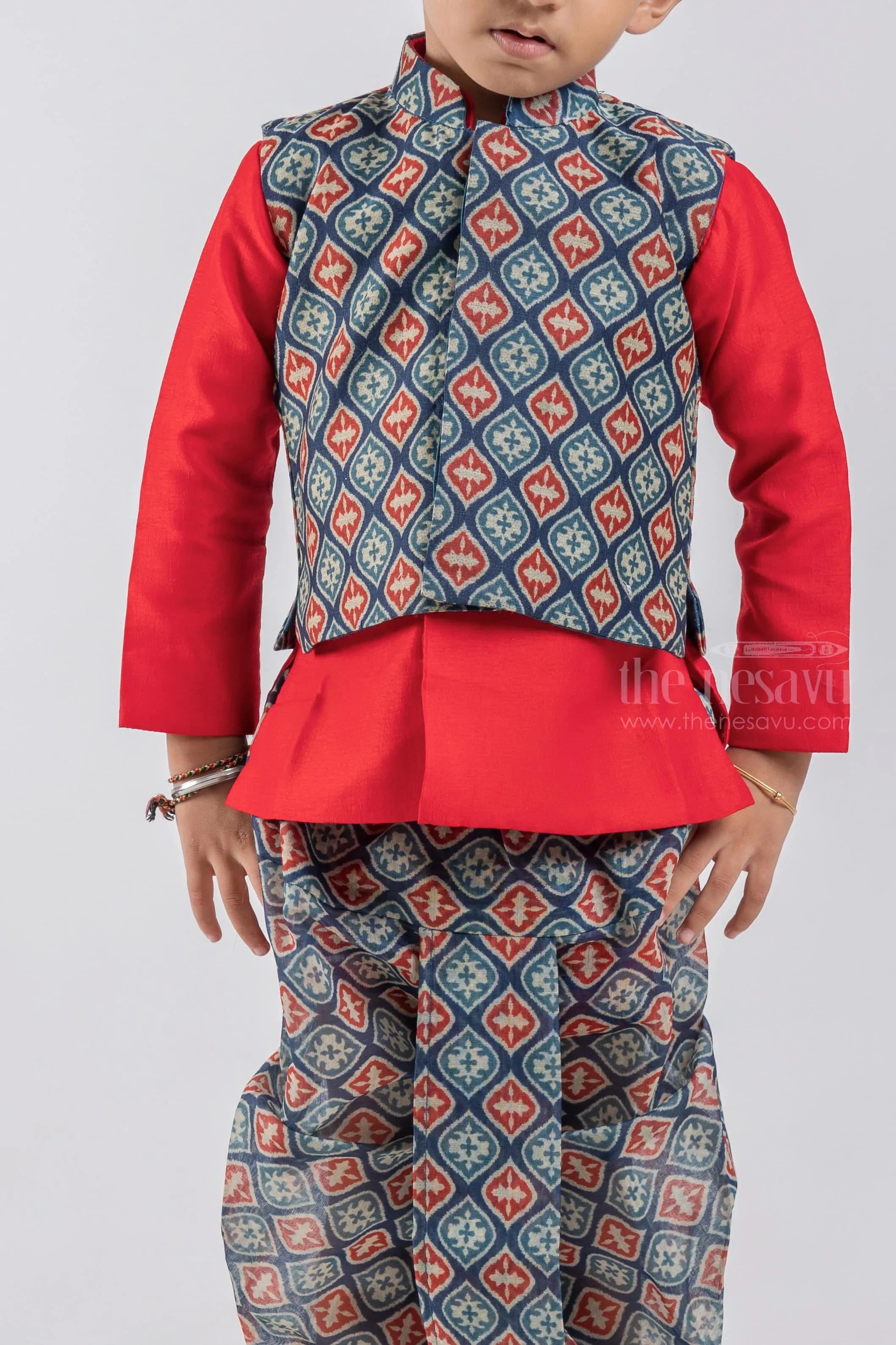 Red Solid Silk Cotton Kurta with Blue Mughal Printed Dhoti and Overcoat for Boys