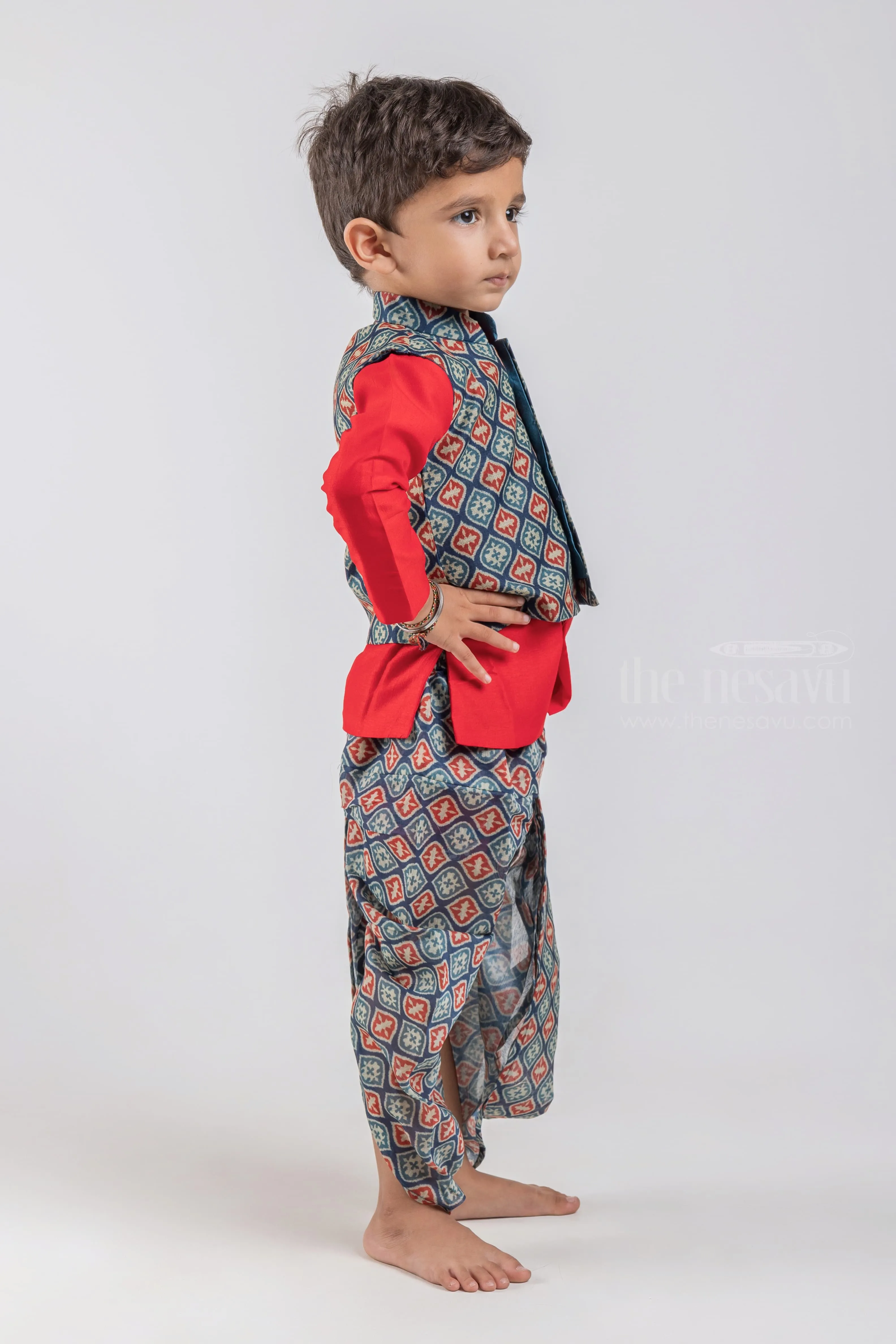 Red Solid Silk Cotton Kurta with Blue Mughal Printed Dhoti and Overcoat for Boys