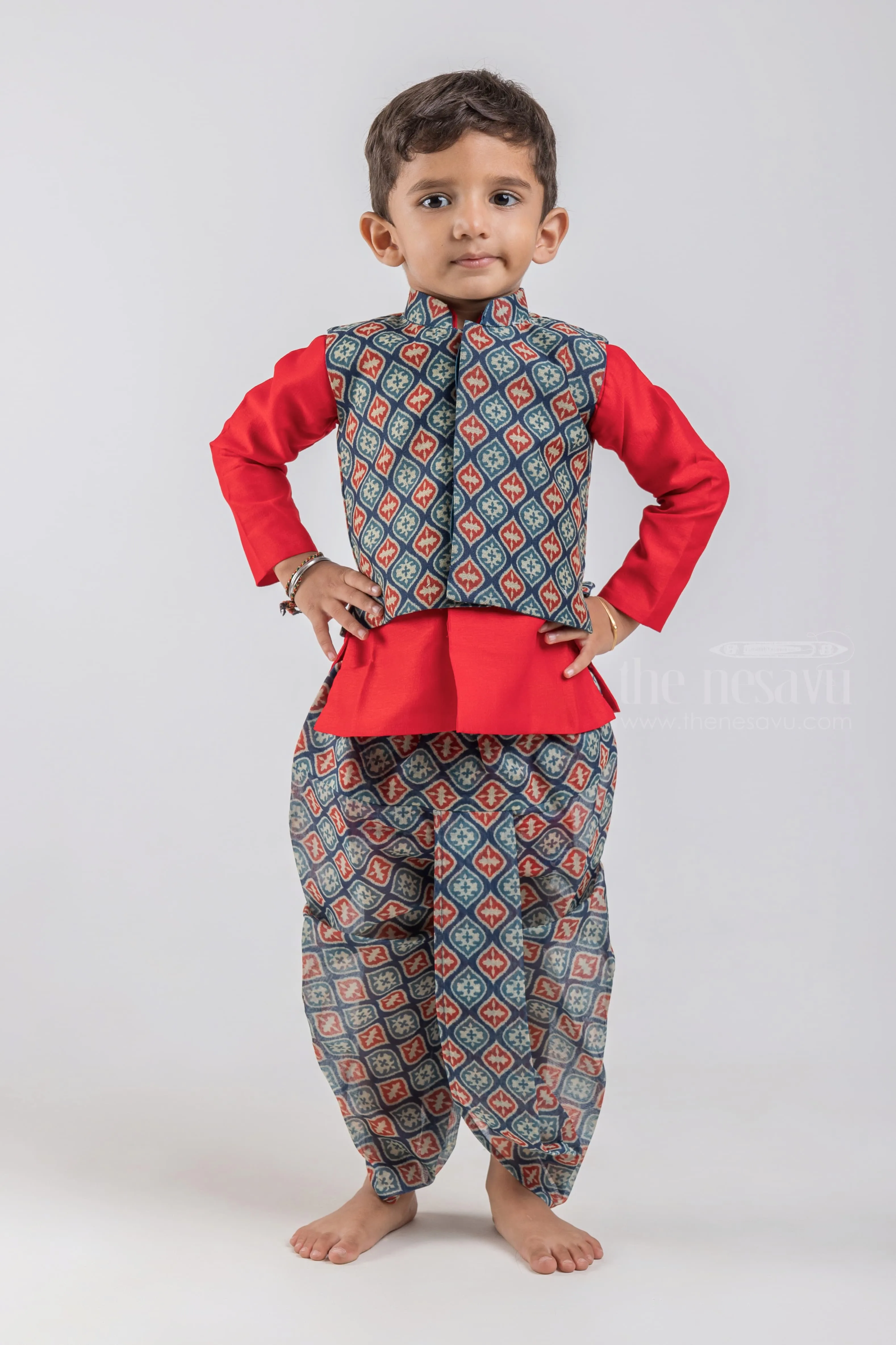 Red Solid Silk Cotton Kurta with Blue Mughal Printed Dhoti and Overcoat for Boys