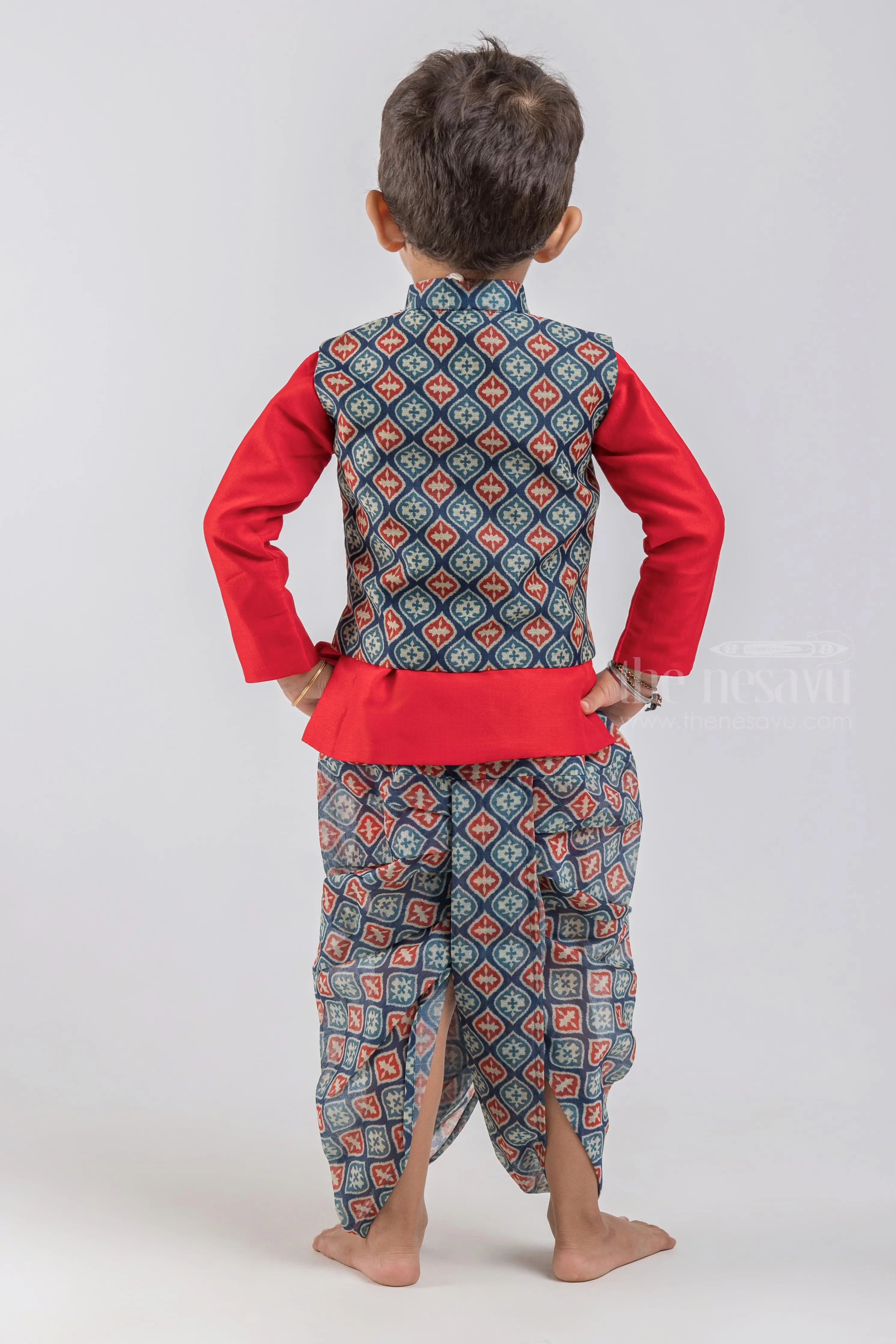 Red Solid Silk Cotton Kurta with Blue Mughal Printed Dhoti and Overcoat for Boys