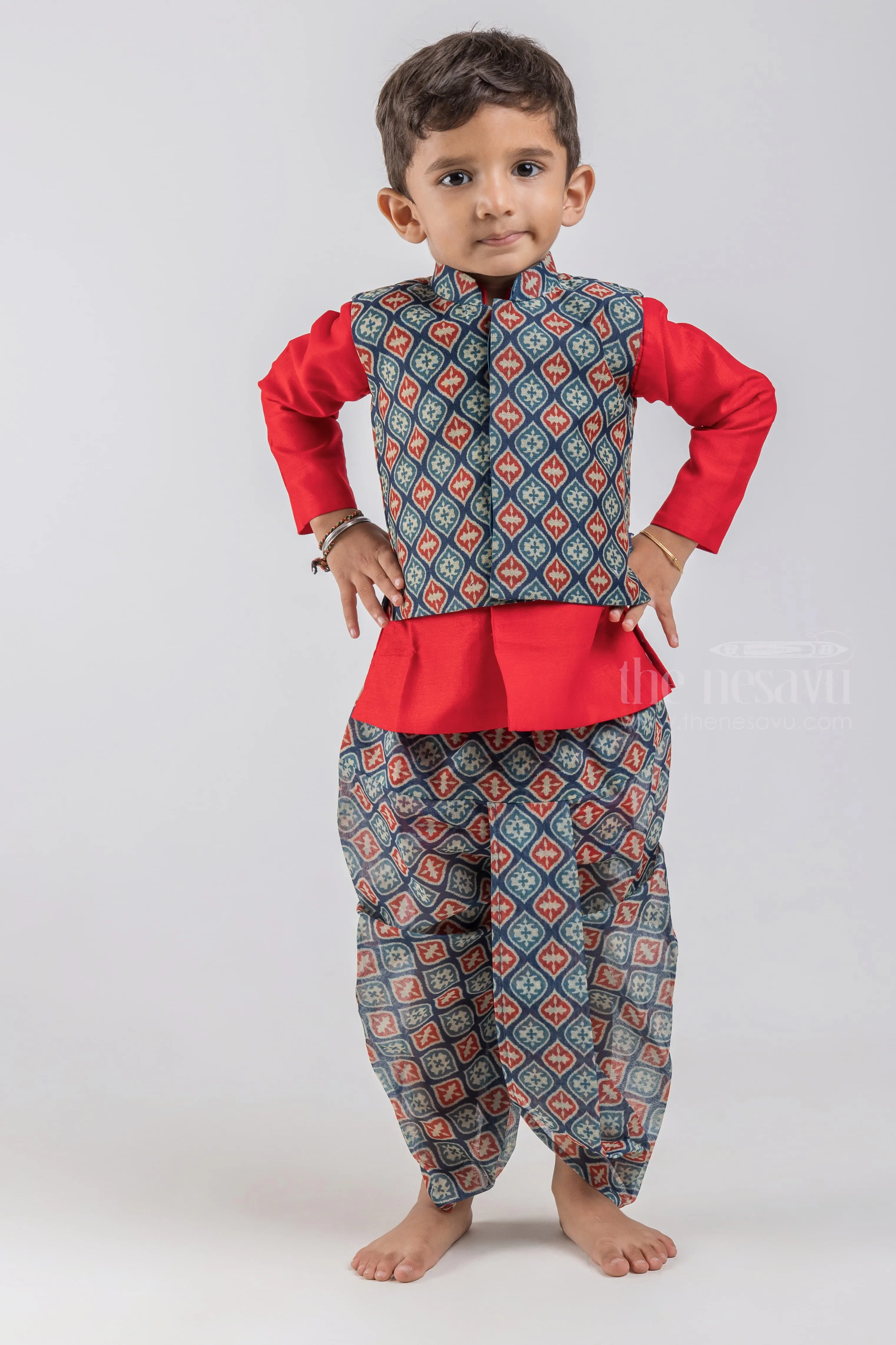 Red Solid Silk Cotton Kurta with Blue Mughal Printed Dhoti and Overcoat for Boys