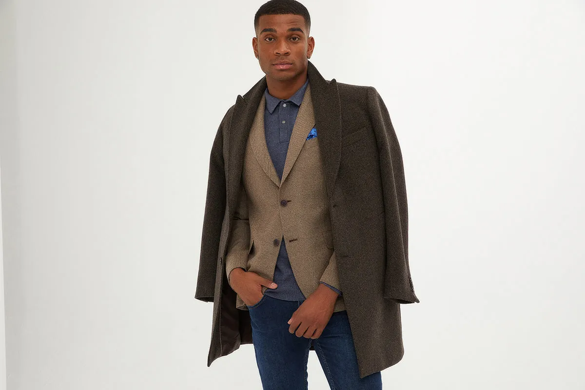 Regular Fit Cachet David Peaked Lapel Wool & Cashmere Blend Black Overcoat, Brown D.