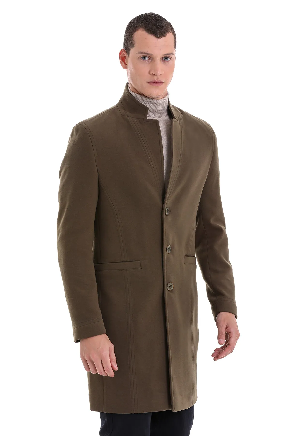 Regular Fit Cachet Notch Lapel Khaki Overcoat