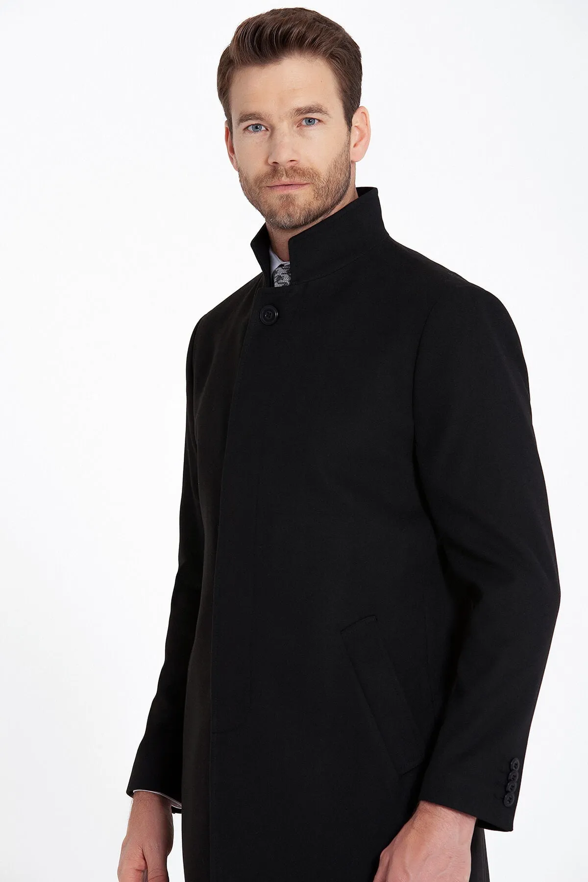 Regular Fit Cachet Stand Collar Black Overcoat