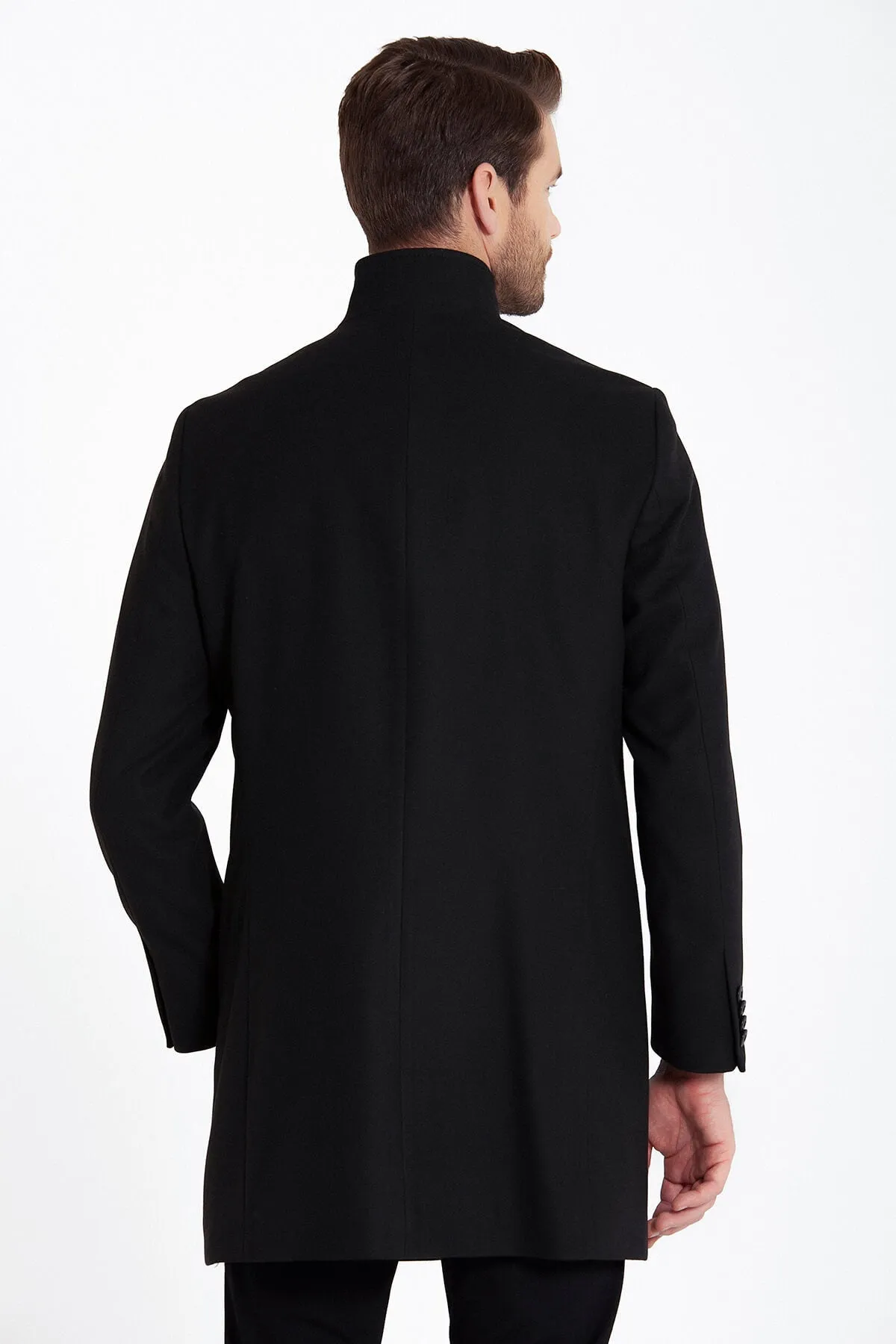 Regular Fit Cachet Stand Collar Black Overcoat