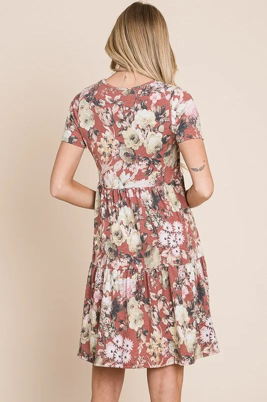 Rust Floral Tiered Dress