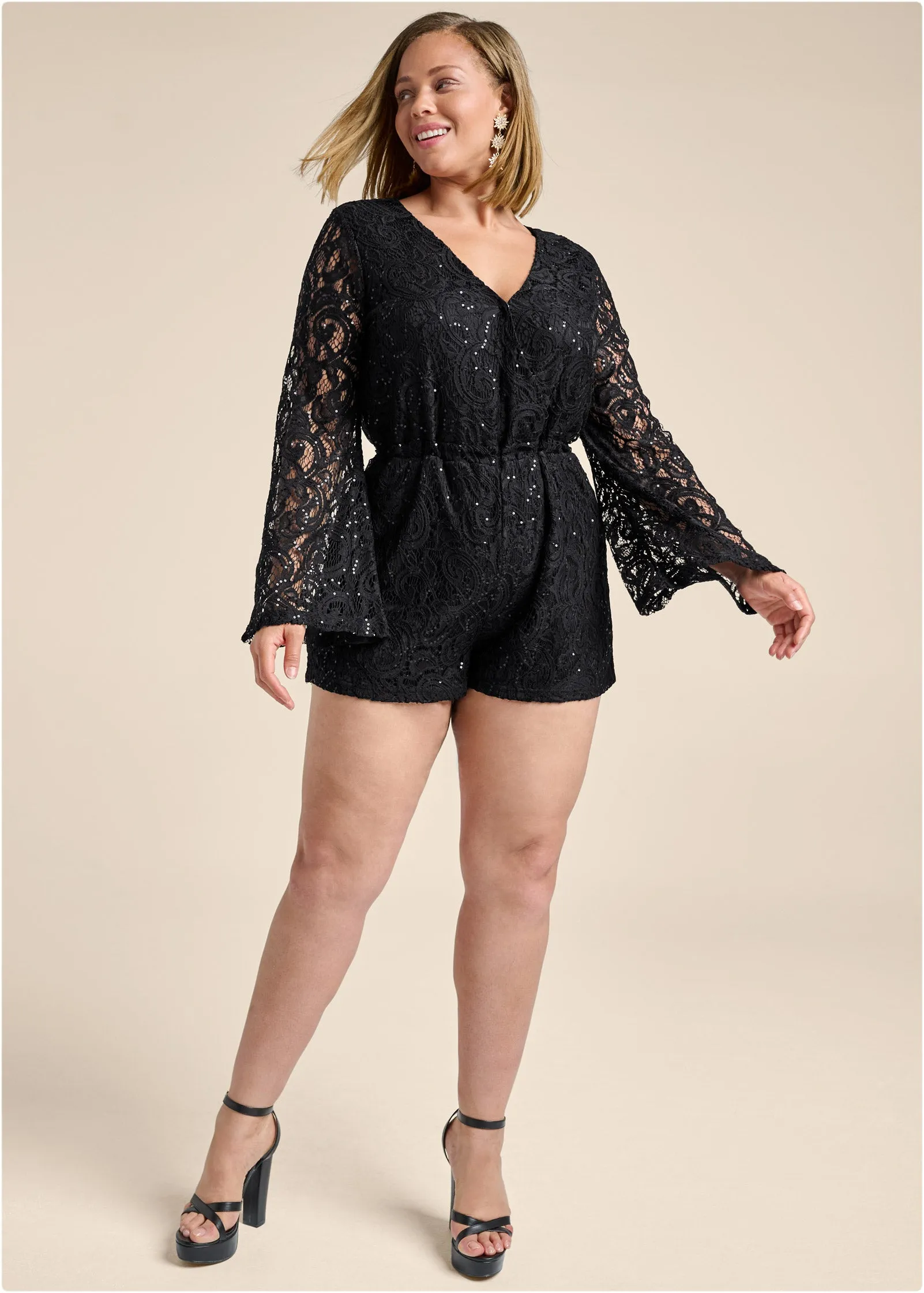 Sequin Lace Open-Back Romper - Black