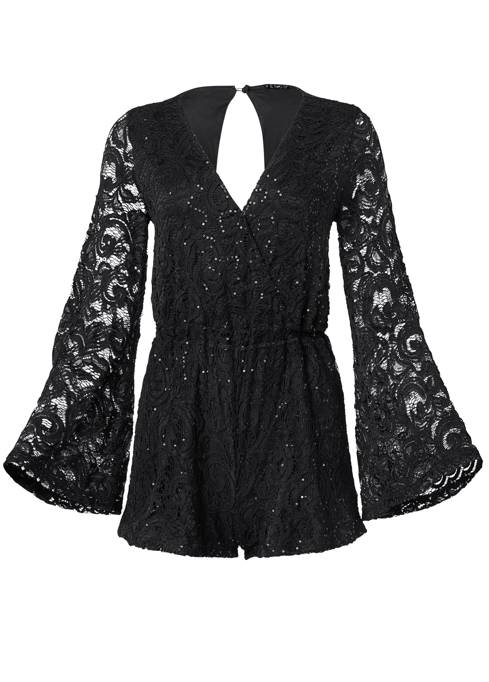 Sequin Lace Open-Back Romper - Black