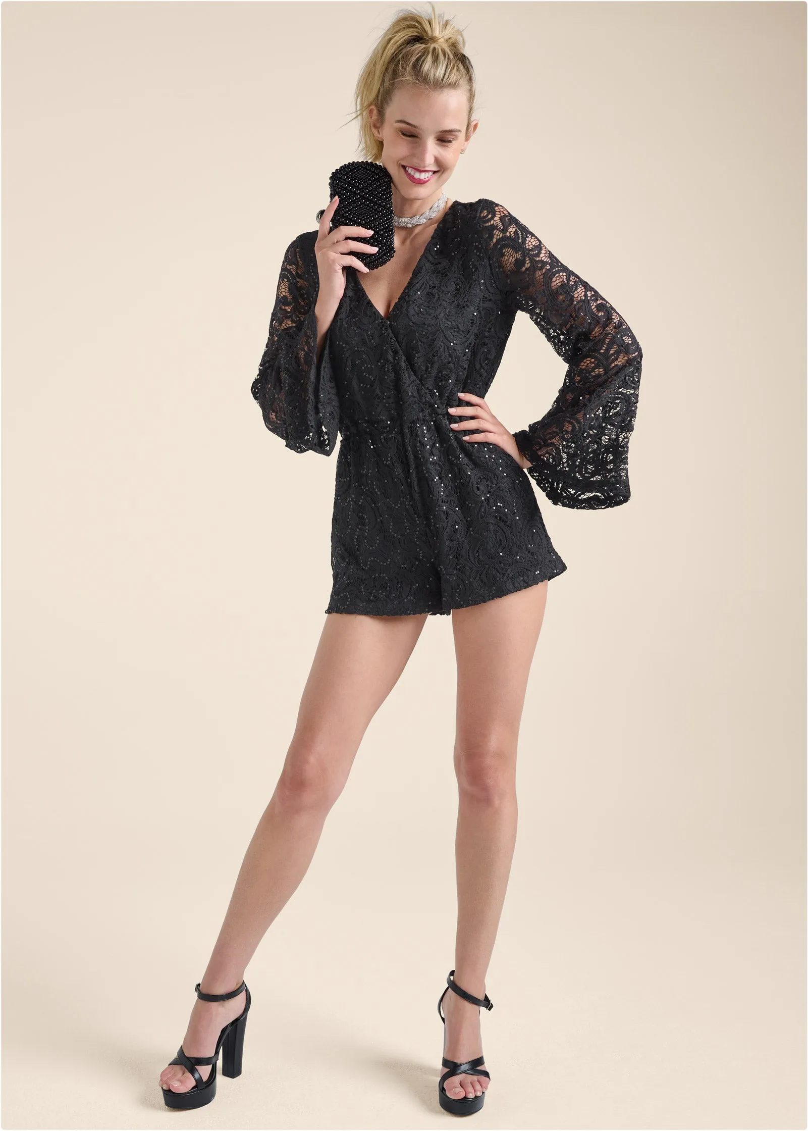 Sequin Lace Open-Back Romper - Black