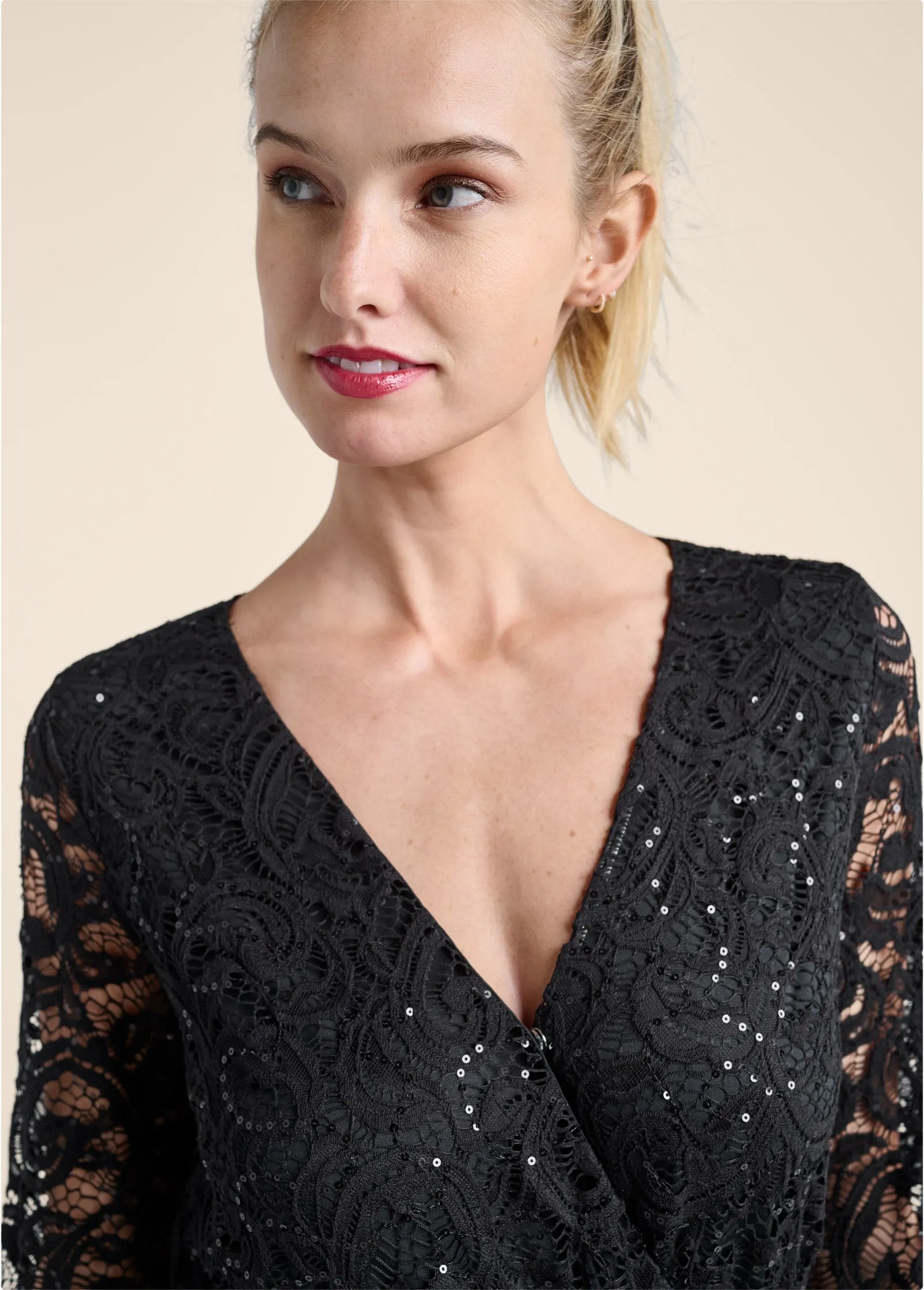 Sequin Lace Open-Back Romper - Black