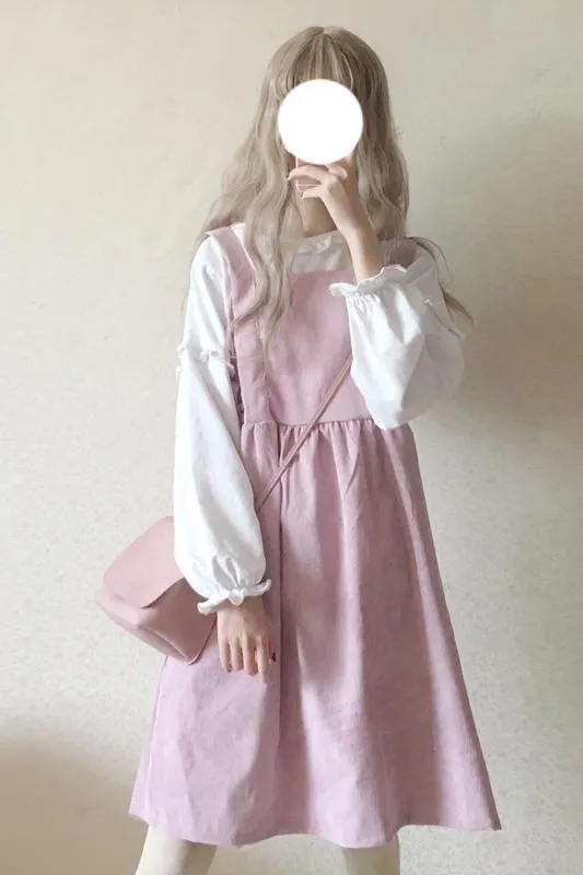 Side Bowknot Corduroy Overall Dress&Lace Shirt