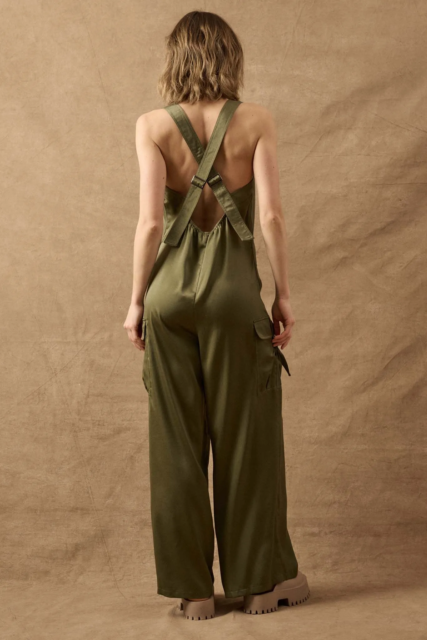 Simple Life Matte Satin Cargo Overall Jumpsuit