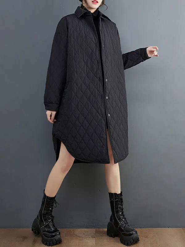 Simple Loose Rhombic Belted Solid Color Lapel Padded Coat