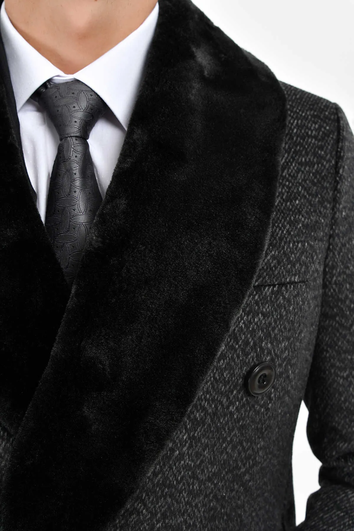 Slim Fit Cachet Double Breasted Charcoal Wool Blend Overcoat