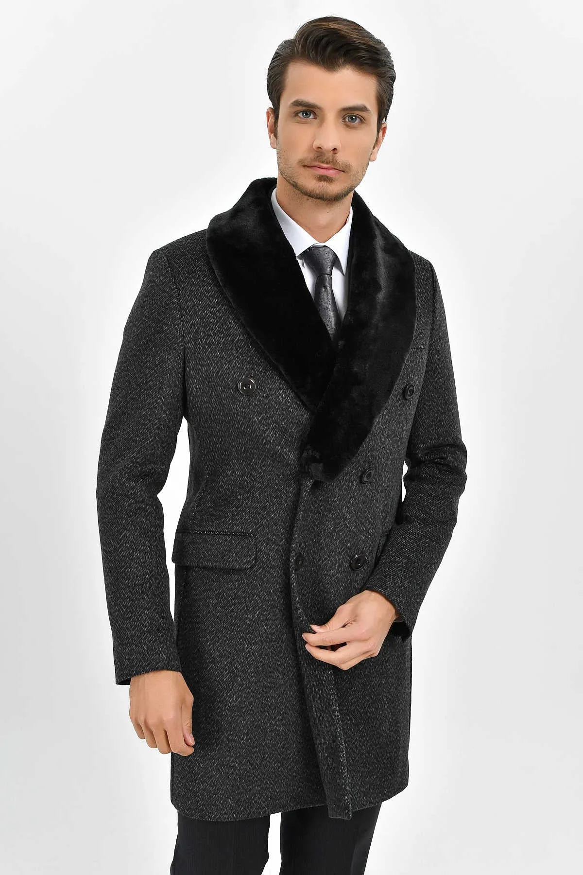 Slim Fit Cachet Double Breasted Charcoal Wool Blend Overcoat