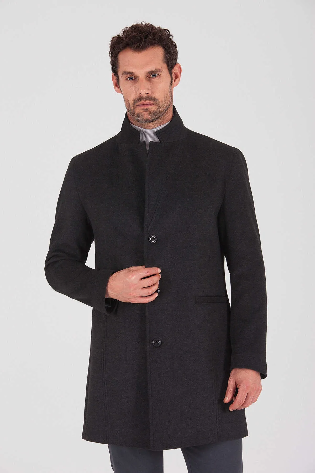 Slim Fit Notch Lapel Madrid Charcoal Overcoat, Charcoal