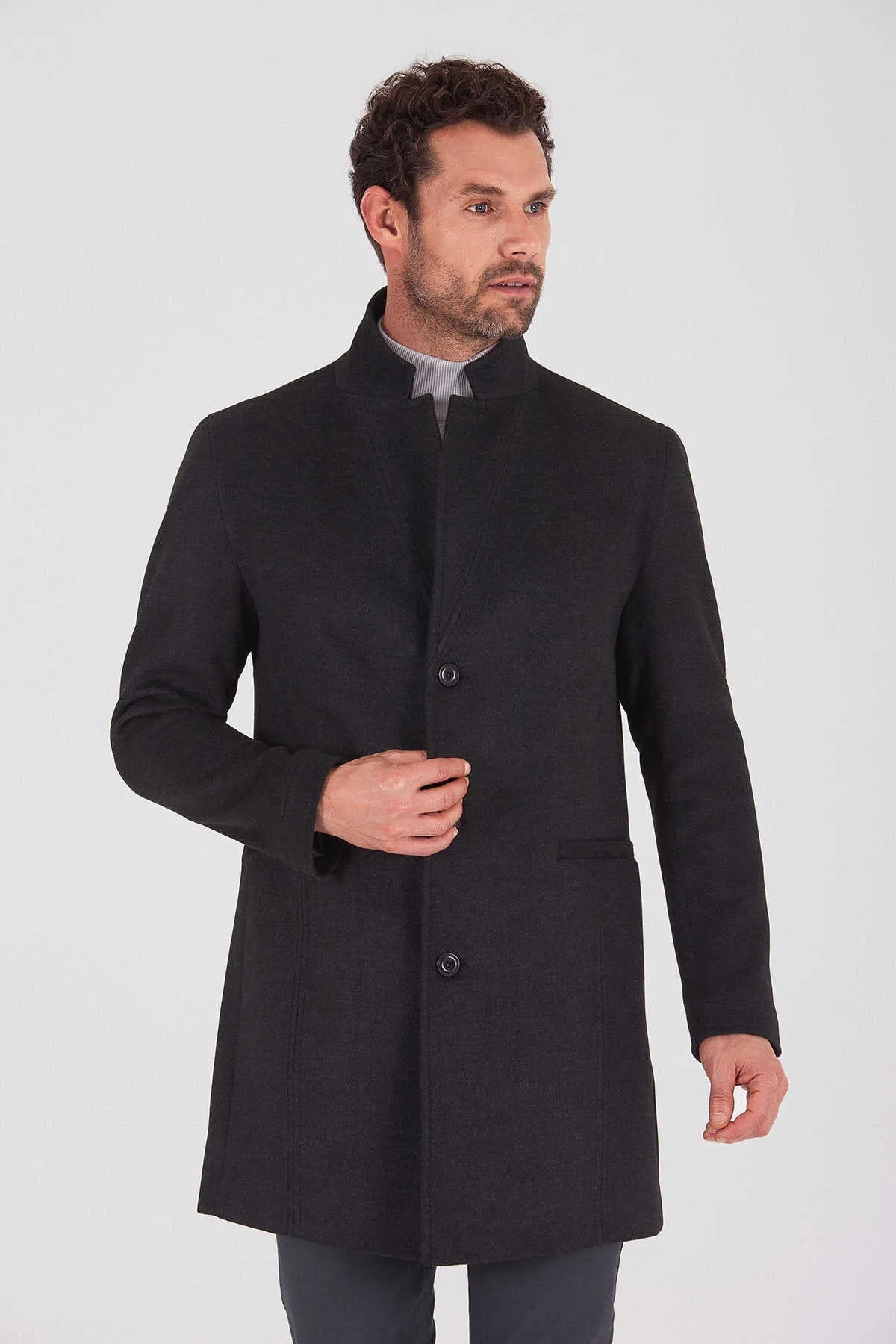 Slim Fit Notch Lapel Madrid Charcoal Overcoat, Charcoal