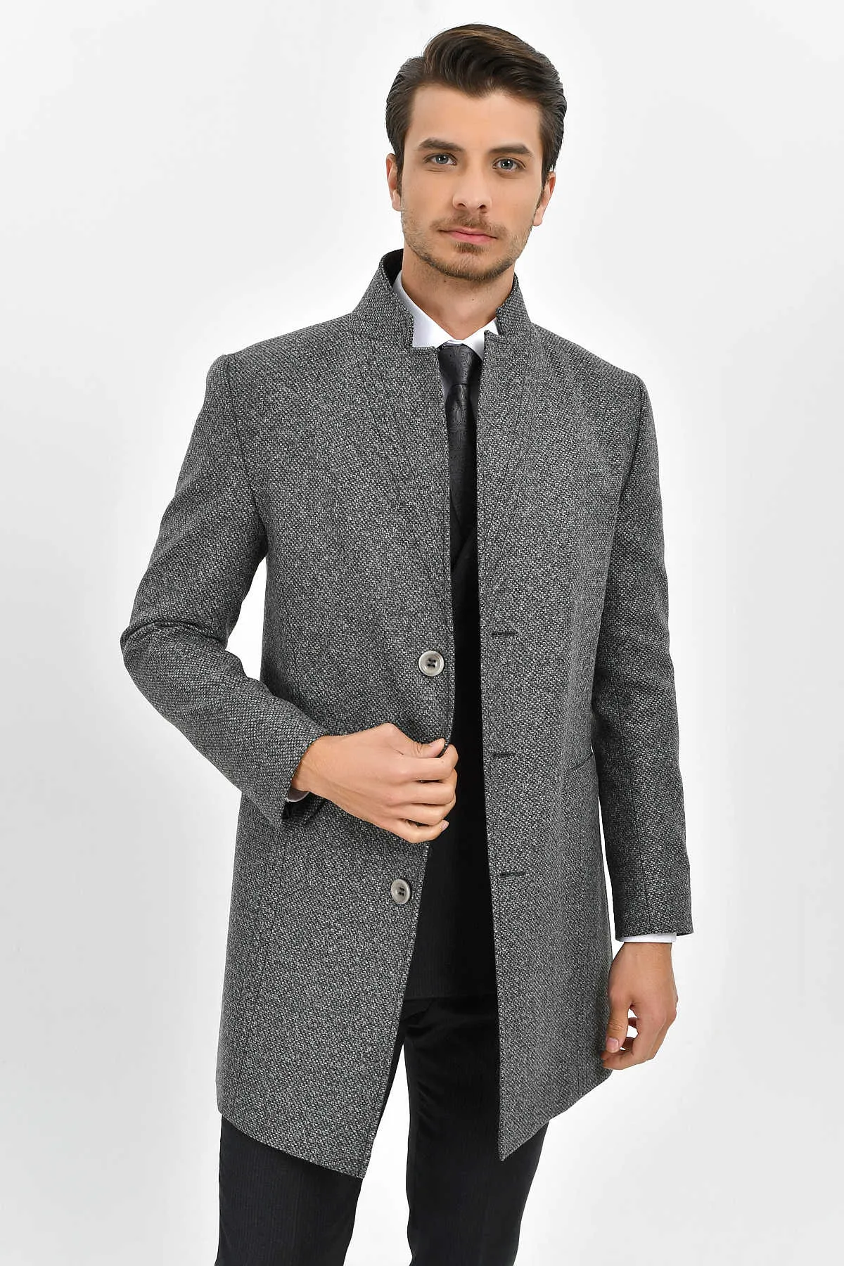 Slim Fit Notch Lapel Madrid Wool Light Gray Overcoat, Light Gray.D