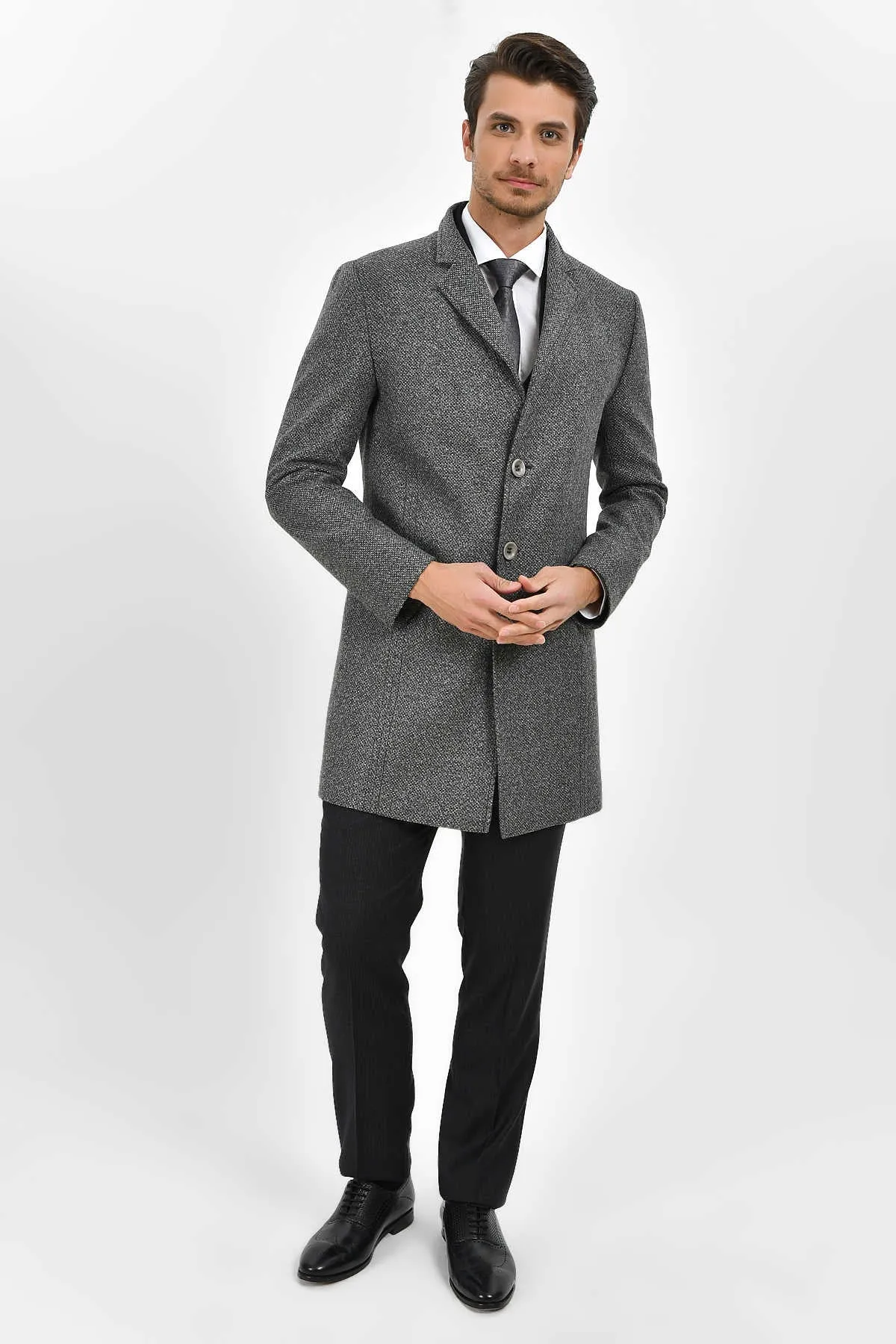 Slim Fit Notch Lapel Madrid Wool Light Gray Overcoat, Light Gray.D