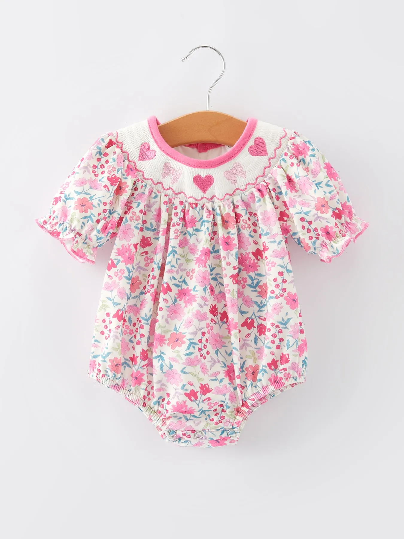 Smocking Heart Bow Embroidery Girls Romper