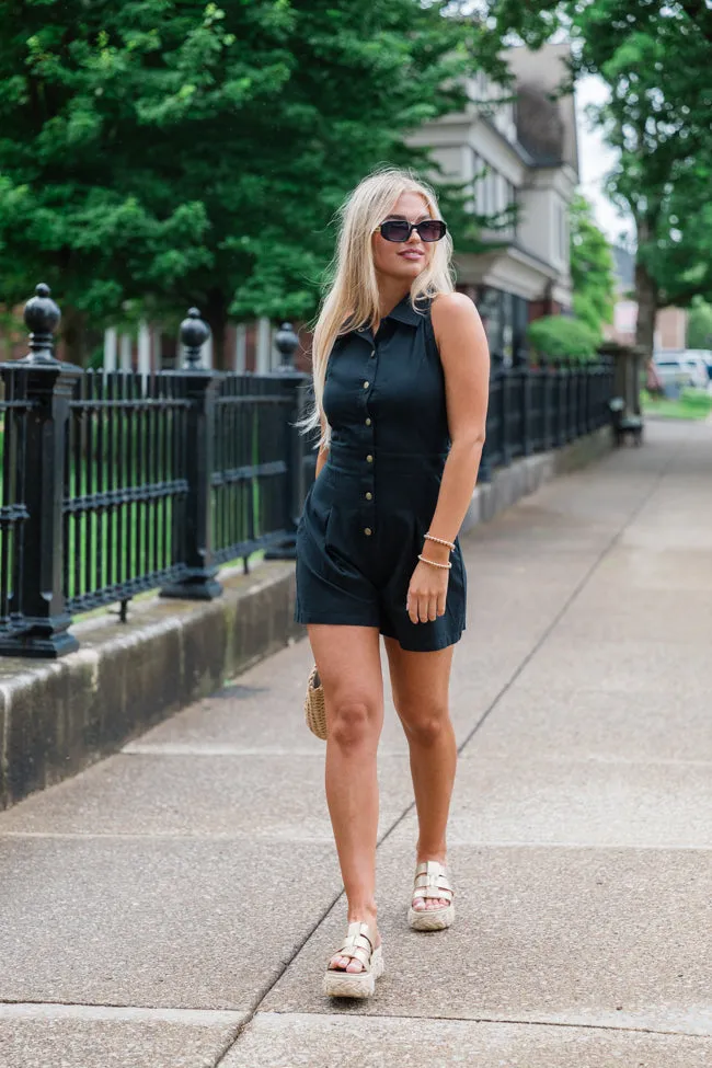 Somewhere Sunny Black Collared Button Up Romper