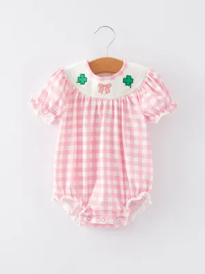 St. Patrick's Day Smocking Embroidered Pink Plaid Baby Girls Romper