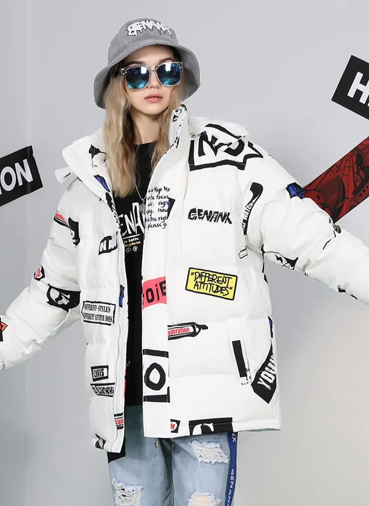 Street Letter Graffiti Print Removable Hooded Down Jacket