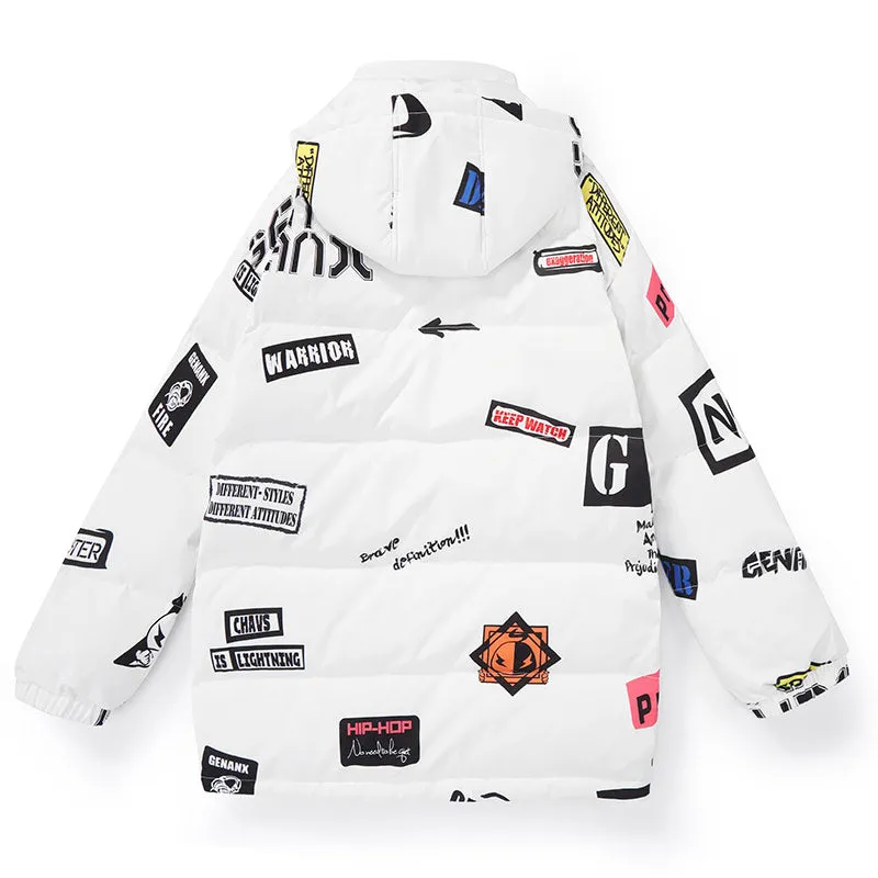 Street Letter Graffiti Print Removable Hooded Down Jacket