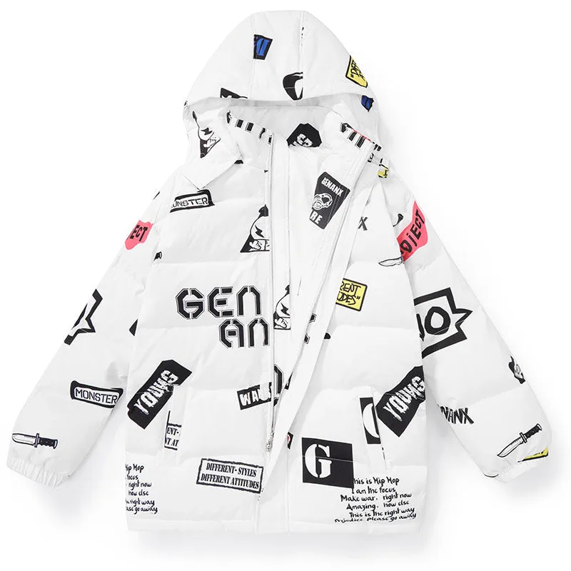 Street Letter Graffiti Print Removable Hooded Down Jacket