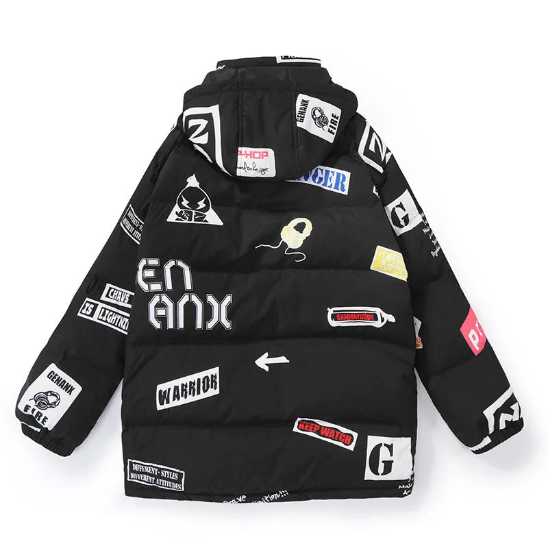 Street Letter Graffiti Print Removable Hooded Down Jacket