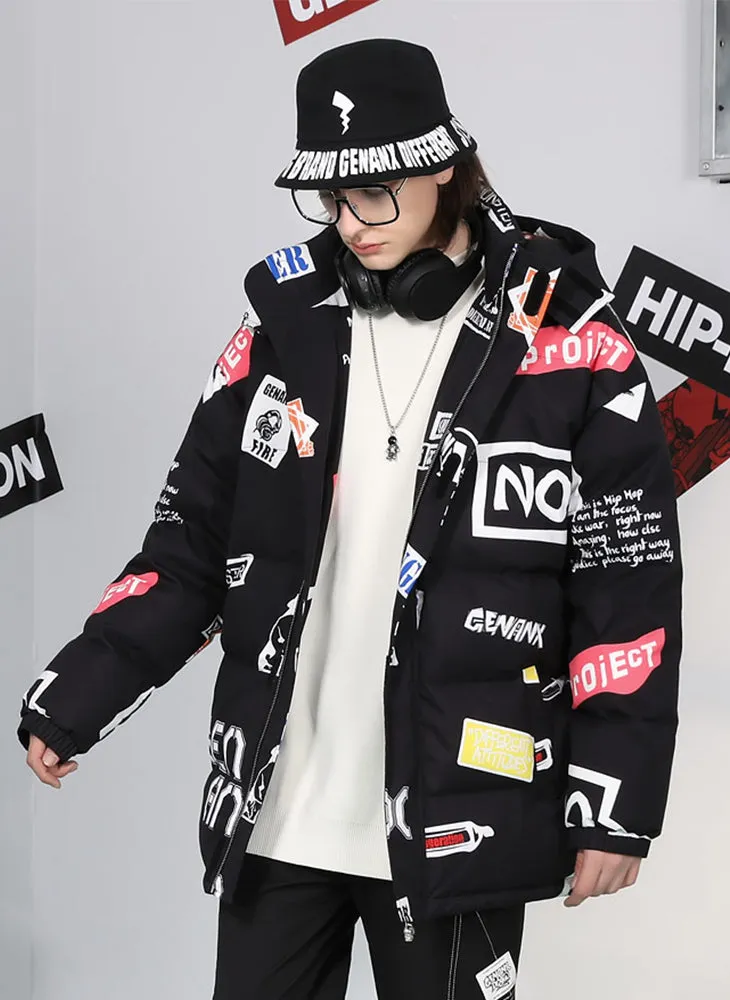 Street Letter Graffiti Print Removable Hooded Down Jacket